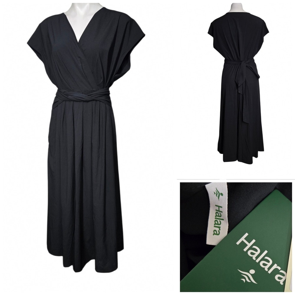 Halara Breezeful Black V-Neck Maxi Dress Wrap Tie Waist 1X New With Tags